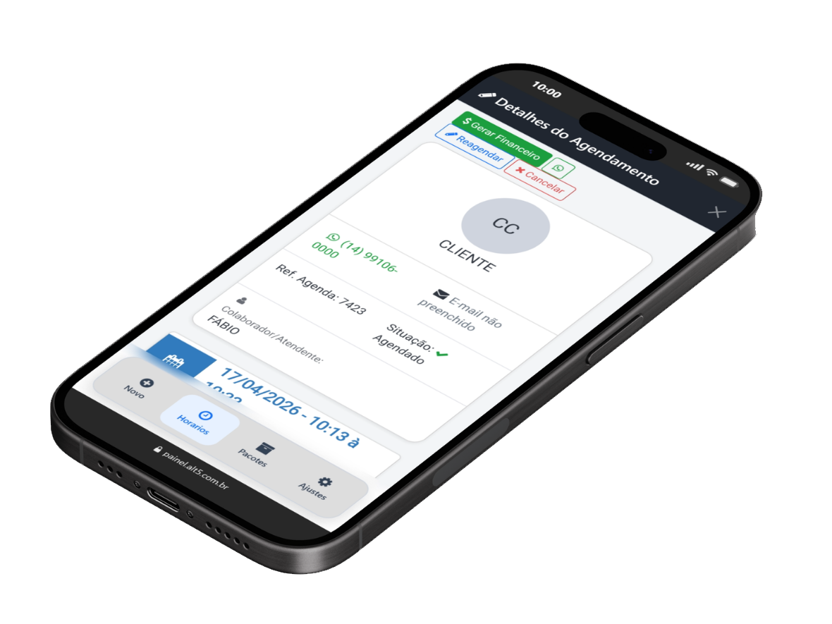 AltAgenda no celular — painel do cliente