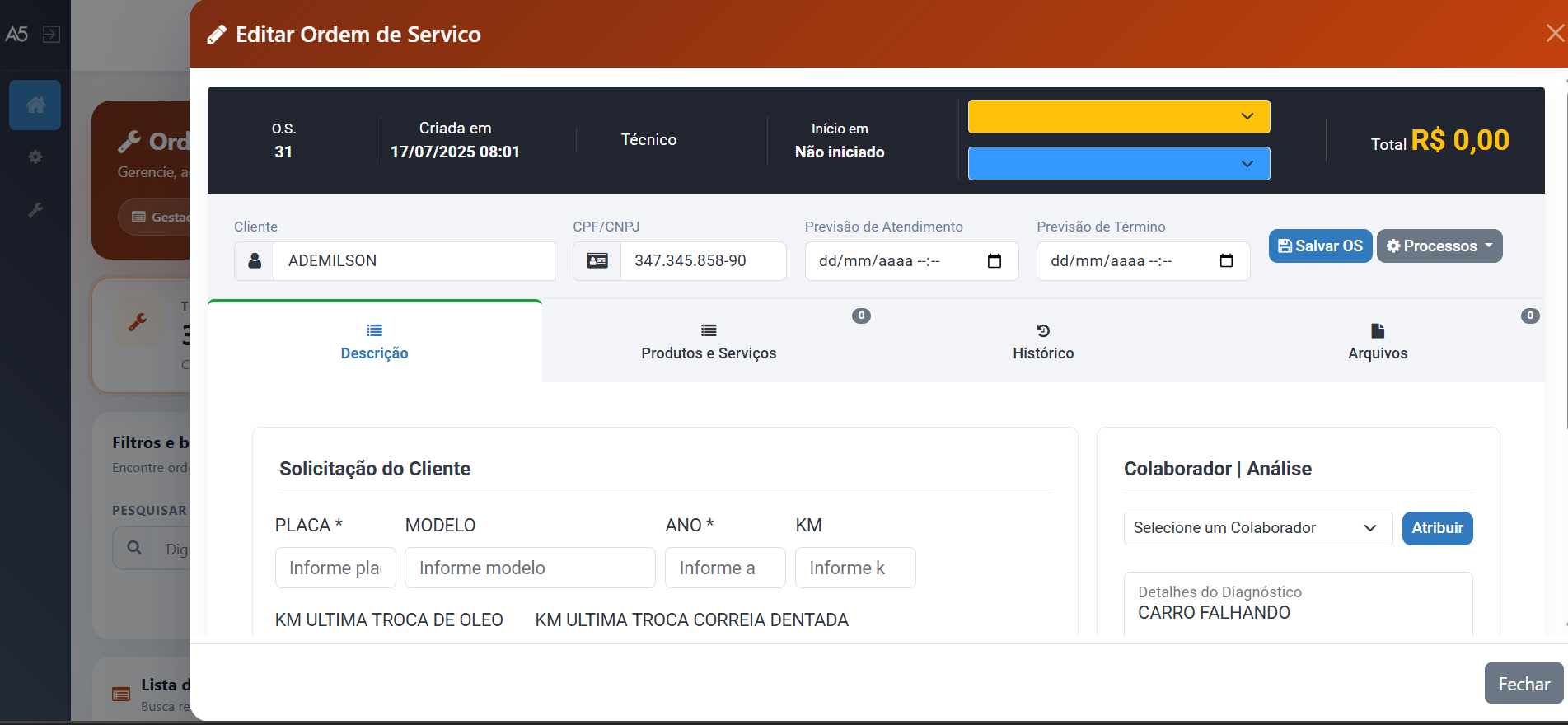 Tela do AltOS para edicao detalhada de ordem de servico