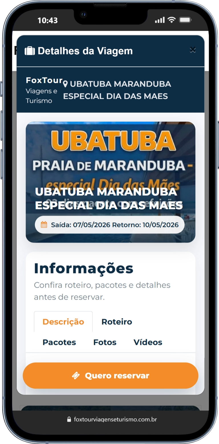 Tela mobile de reserva de viagem no AltTur