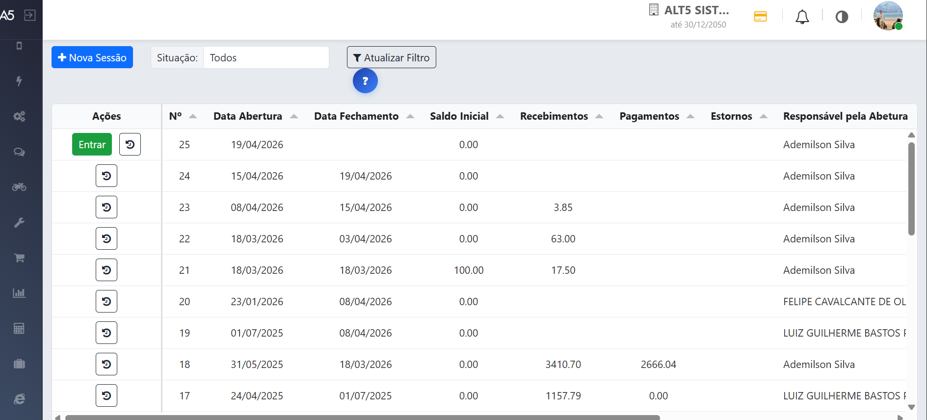 Tela do PDV5 com lista de sessoes de caixa