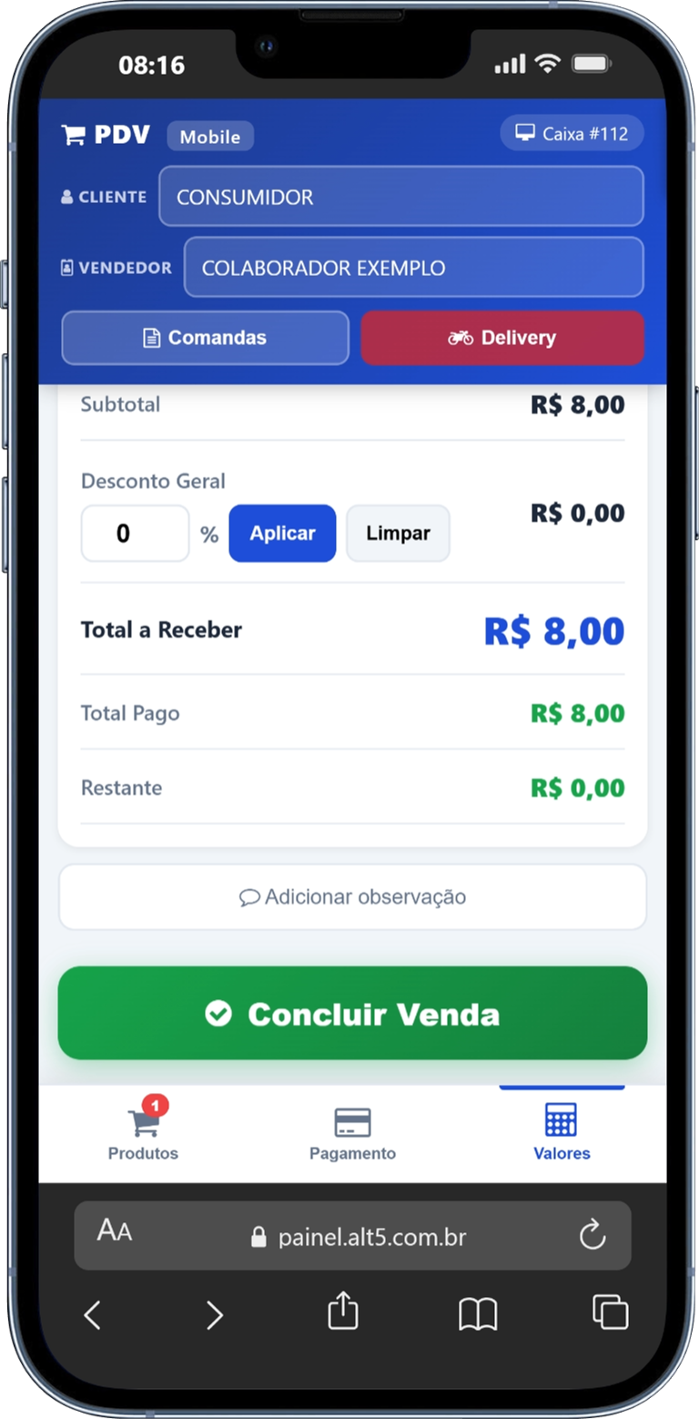 Tela mobile do PDV5 finalizando pagamento