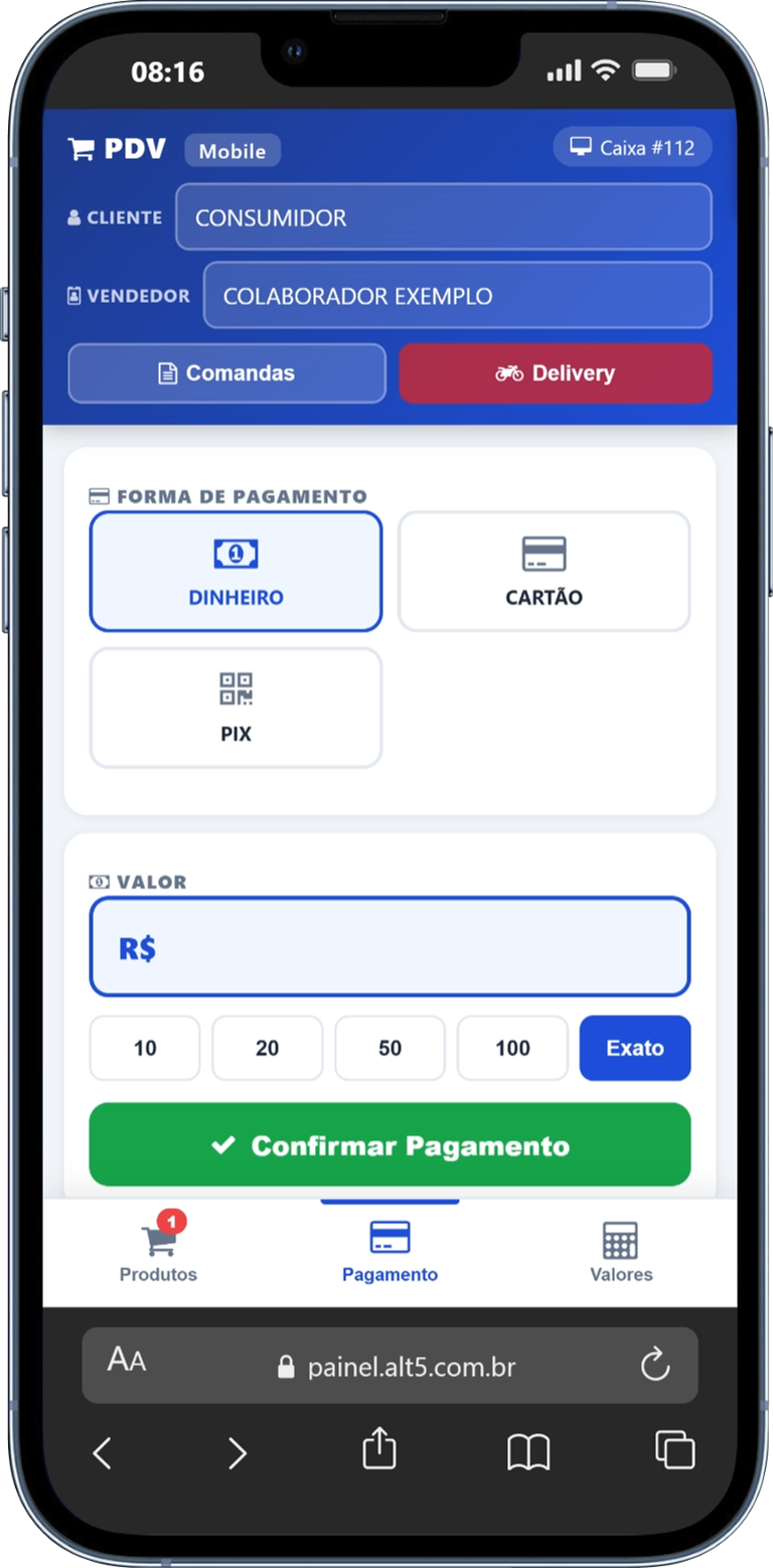 Tela mobile do PDV5 para selecionar forma de pagamento